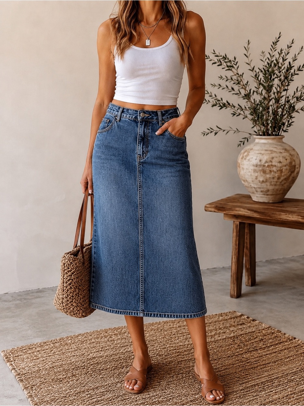 💥3/$50 Old Navy Blue Denim Midi Skirt | Size 14 | Back Slit